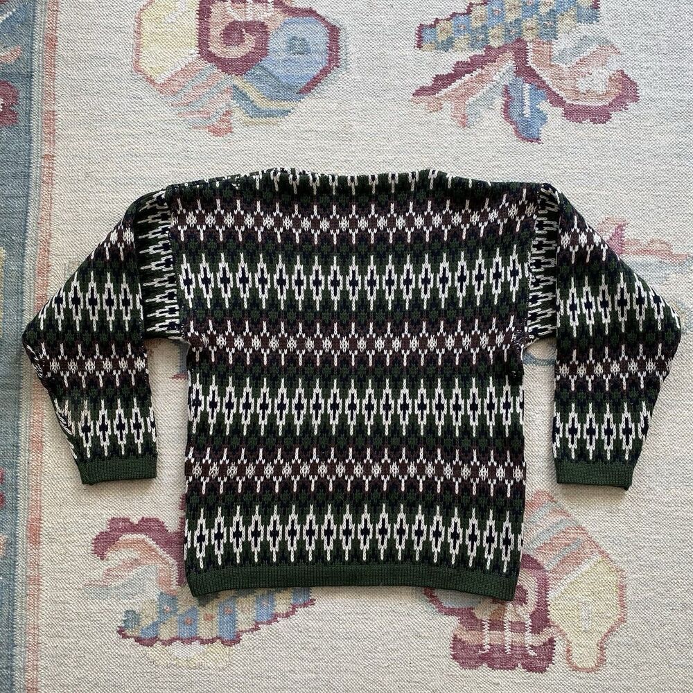 Vintage 70s Shetland Wool Sweater Large Round Neck Green Fair Isle Pattern
